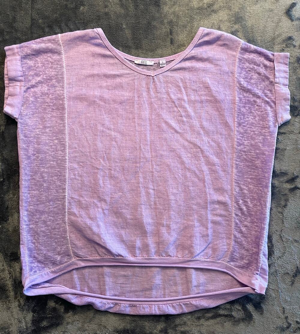 100% Italian Linen Top Lavender Cuffed Short Sleeve Hi-Low Size SM by Kaktus